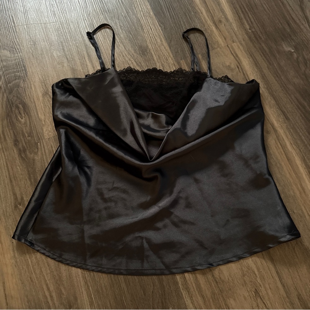 Black Satin Camisole with Lace Trim